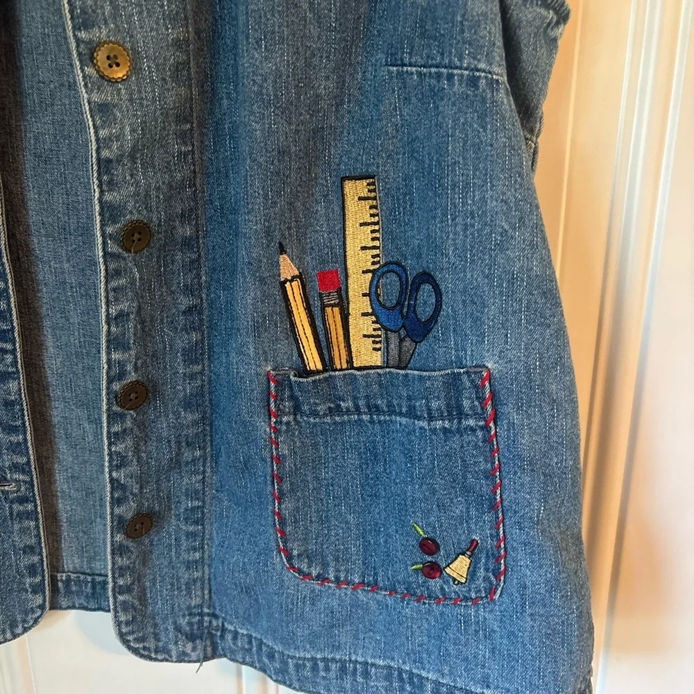 Christopher & Banks Denim Shirt Jacket - Blue. Teacher/school themed embroidery - Picture 2 of 7